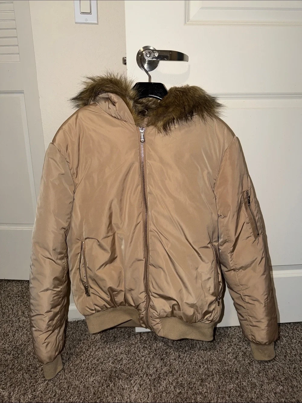 Tan Men's Faux-Fur Hooded Puffer Jacket